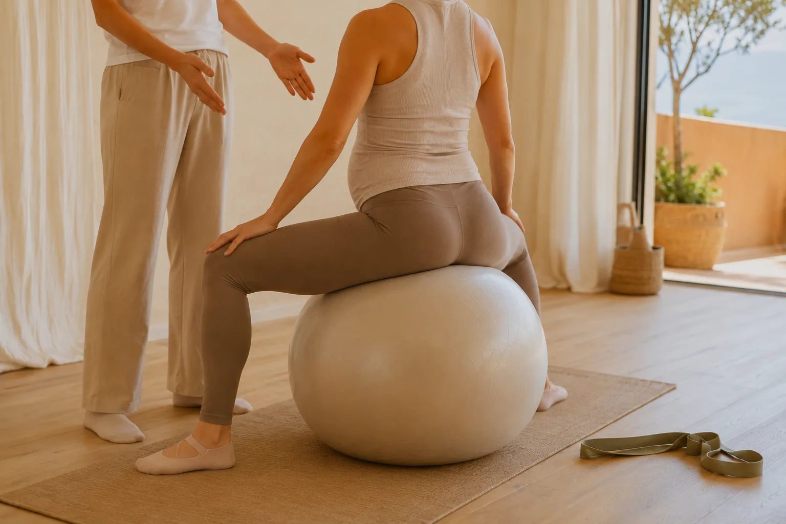 Mujer embarazada sentada sobre una pelota de dilatación mientras su fisioterapeuta le corrige la postura